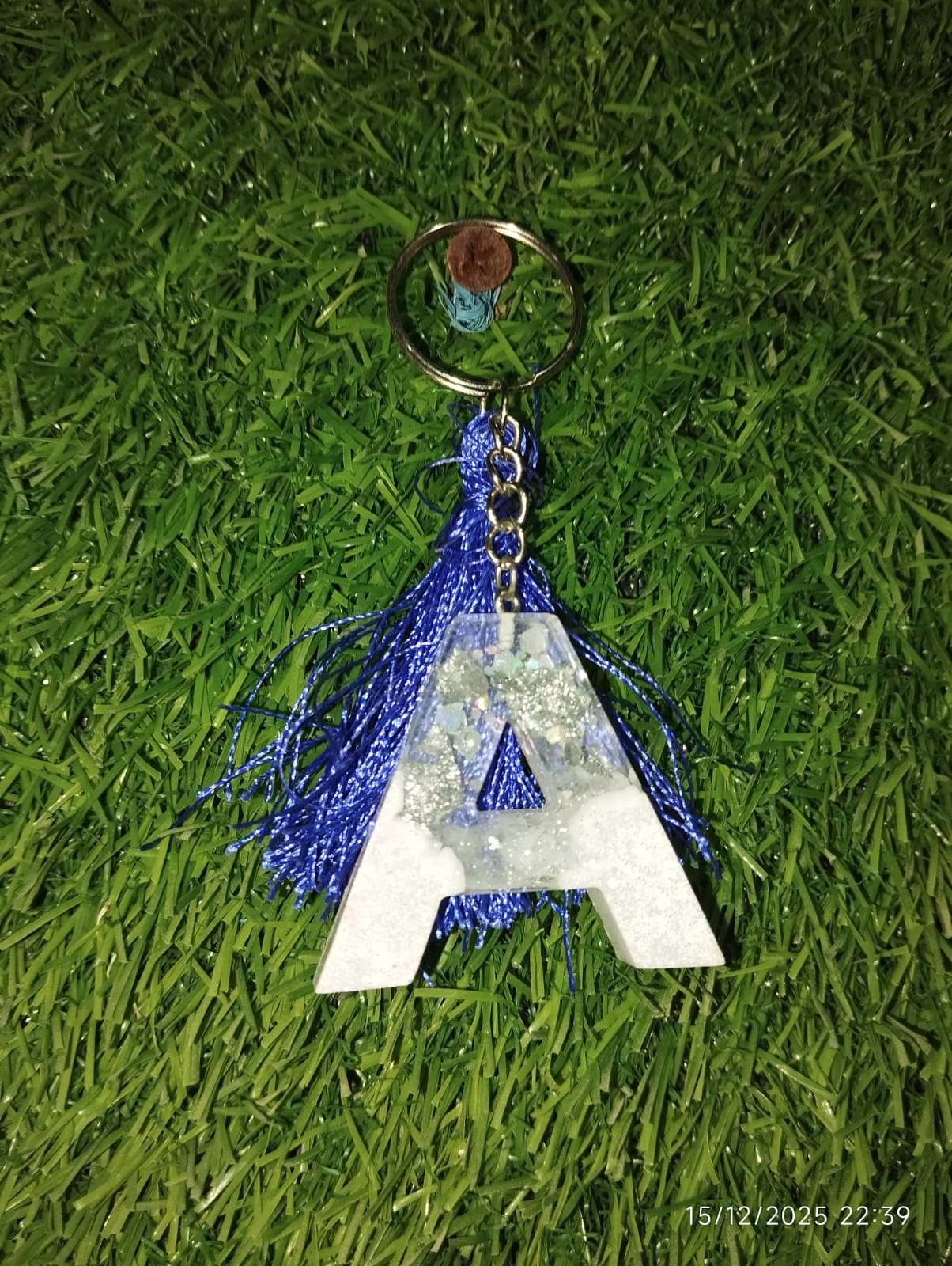 Resin alphabet keychain close-up